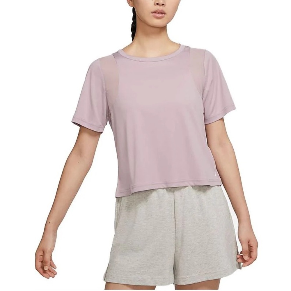 Nike Yoga Dri-FIT Mesh Quick Ventilation Round Neck T-Shirt in a Pink / Purple